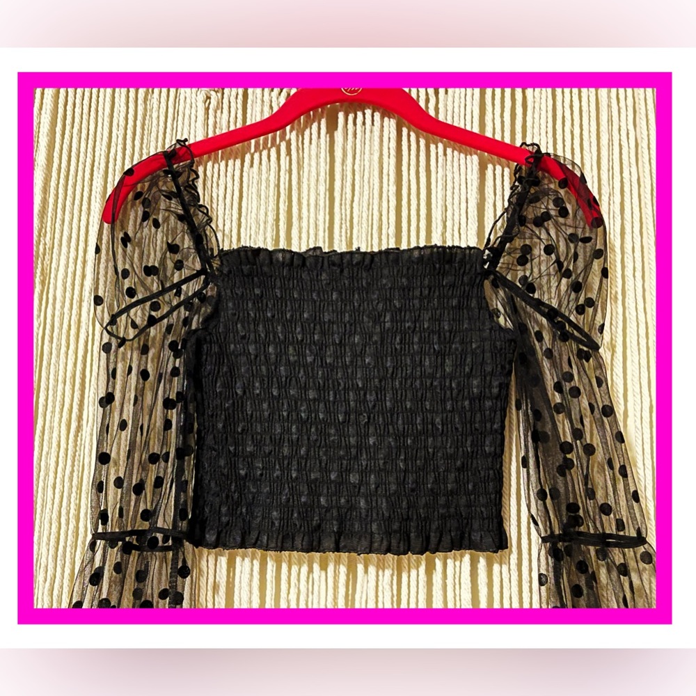 SHEIN Sz Small Black Dobby Mesh Sleeve Crop Top EUC - Picture 3 of 4
